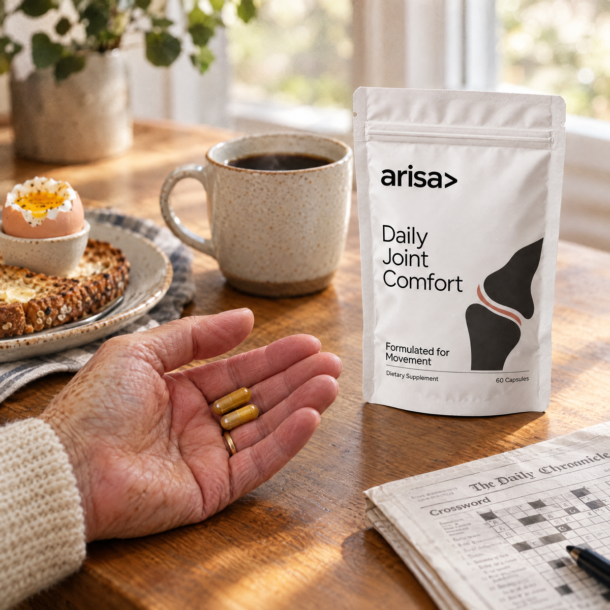 Two Arisa capsules in a hand at the breakfast table next to the pouch