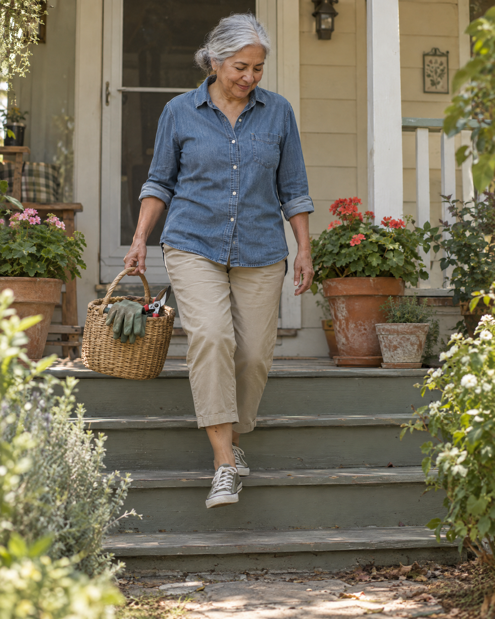 Woman walking down her porch steps with a garden basket