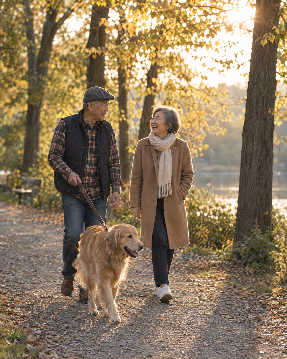 Older couple walking their golden retriever in the park in autumn