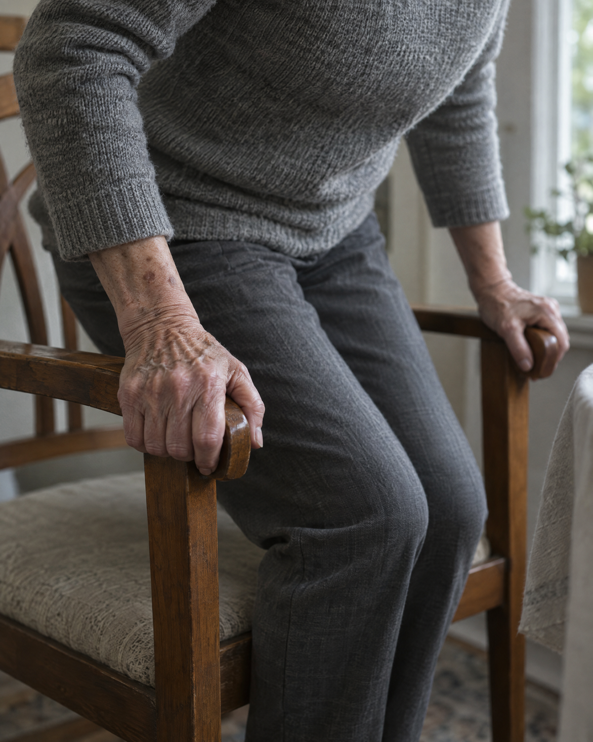 An older woman's hands pressing on the arms of a chair as she stands up
